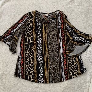 EST 1946 Animal Print Golden Chain Bell Sleeve Tulip Hem Blouse Size M